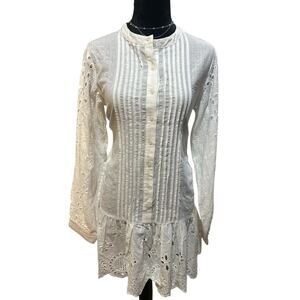 POL White Eyelet Blouse Dress –Size Small – Button Front, Long Sleeve, Boho Chic